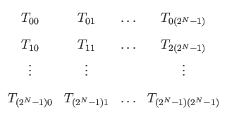 $\displaystyle \begin{array}{cccc}
T_{00} & T_{01} & \ldots & T_{0(2^{N}-1)} \\...
... T_{(2^{N}-1)0} & T_{(2^{N}-1)1} & \ldots &
T_{(2^{N}-1)(2^{N}-1)}
\end{array}$